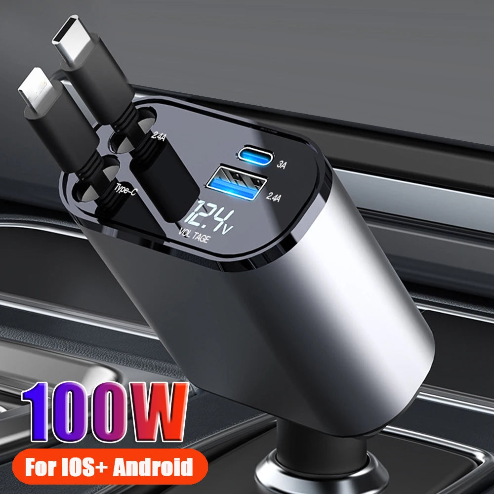 100W PD+USB Type C Car Fast Charger with 2 Retractable Cables 