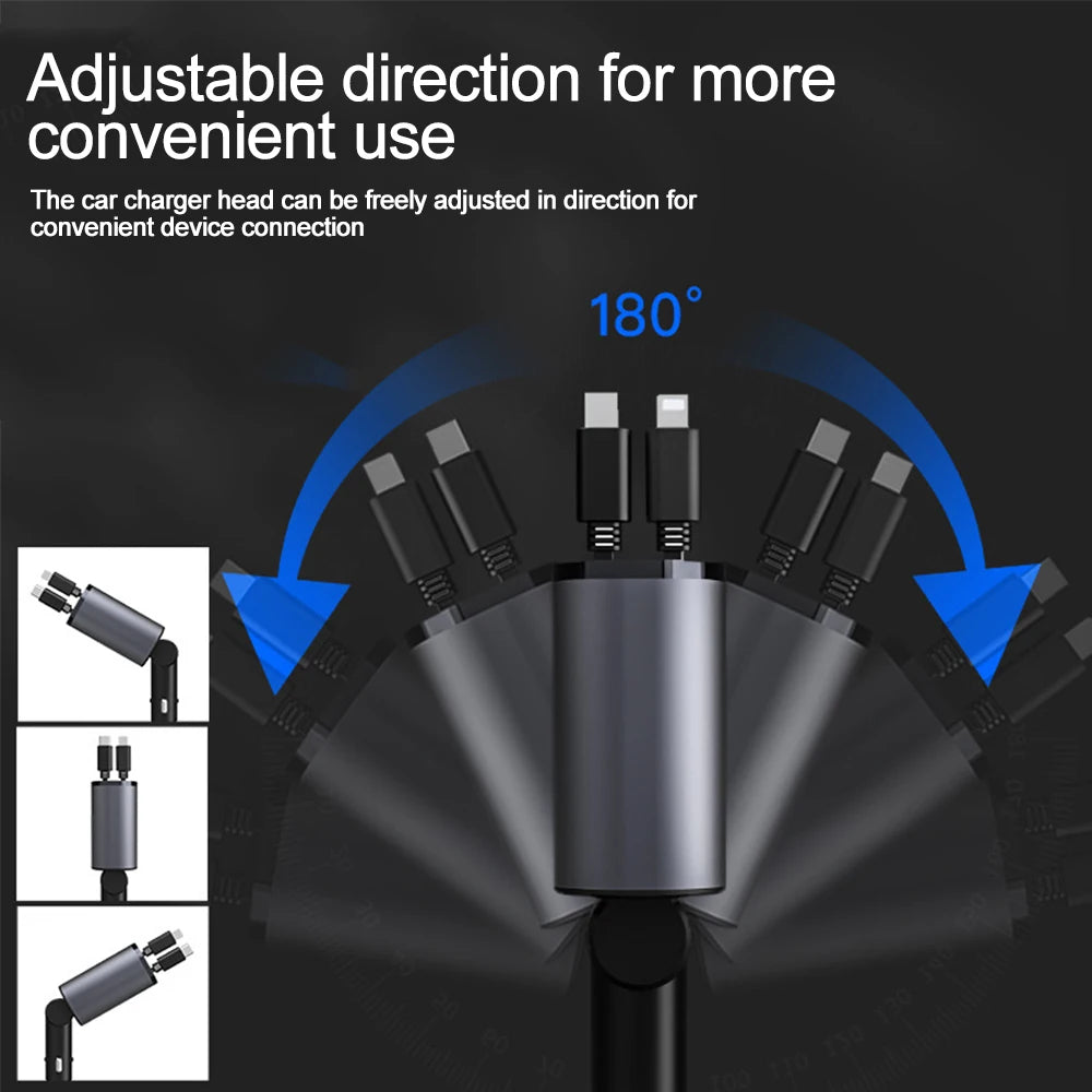 100W PD+USB Type C Car Fast Charger with 2 Retractable Cables 