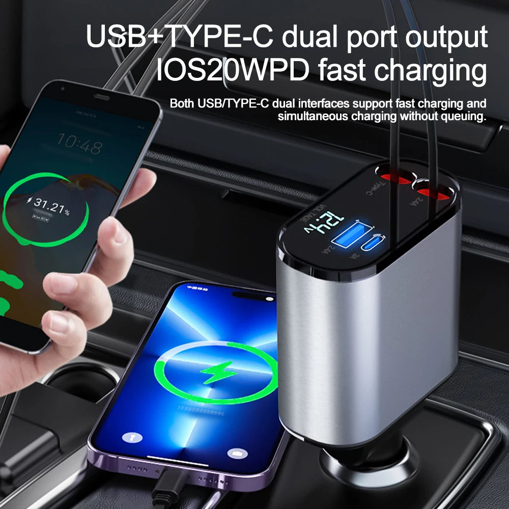 100W PD+USB Type C Car Fast Charger with 2 Retractable Cables 