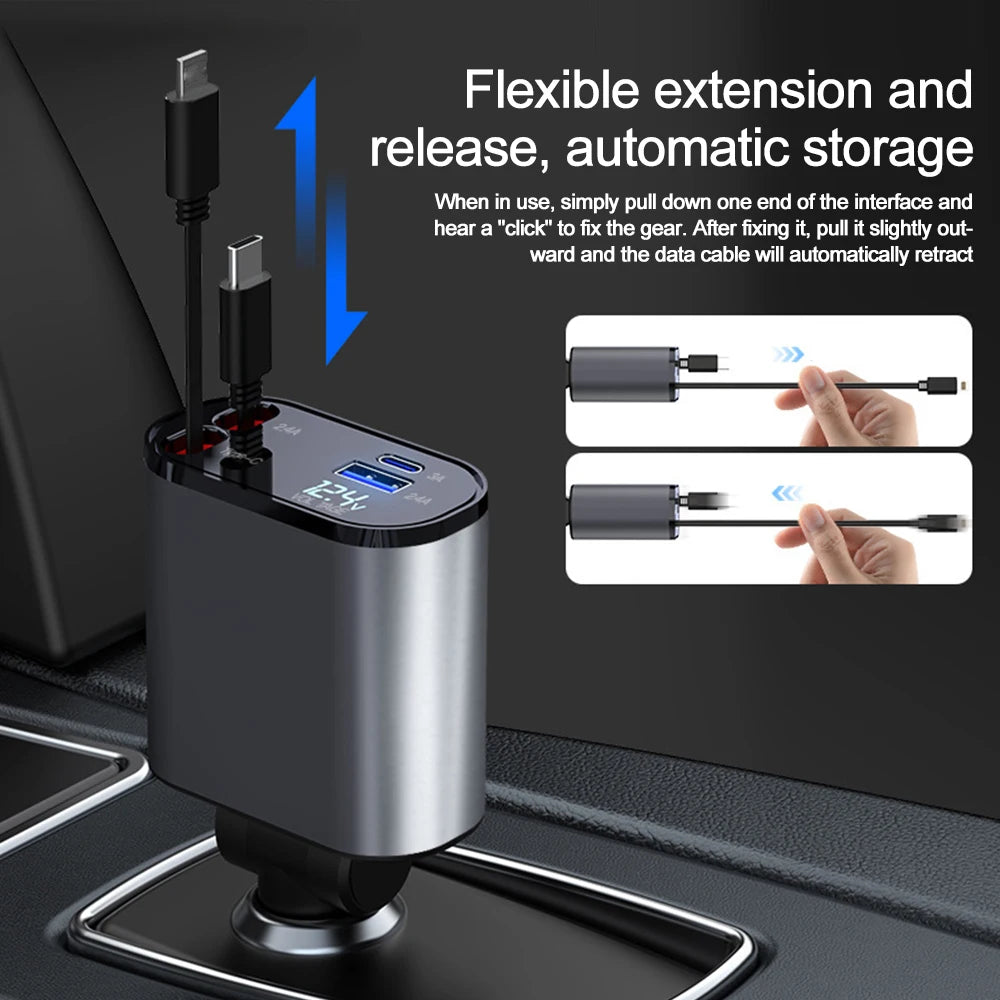 100W PD+USB Type C Car Fast Charger with 2 Retractable Cables 